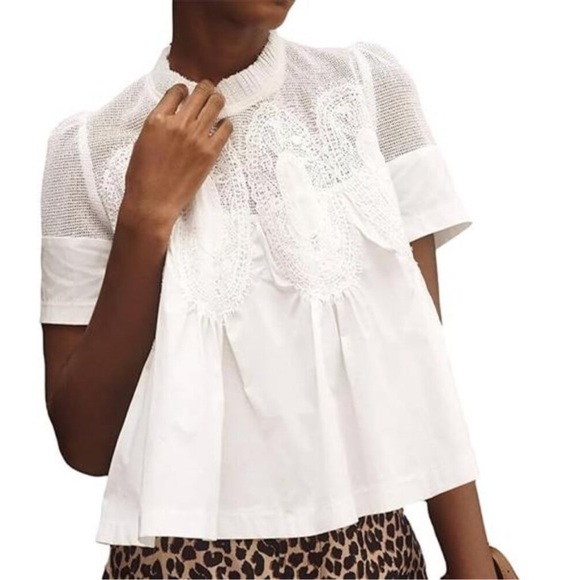 Women Lace-Detail Flared Blouse Short-Sleeve Crew Neck Lace Poplin Mesh - Picture 6 of 7